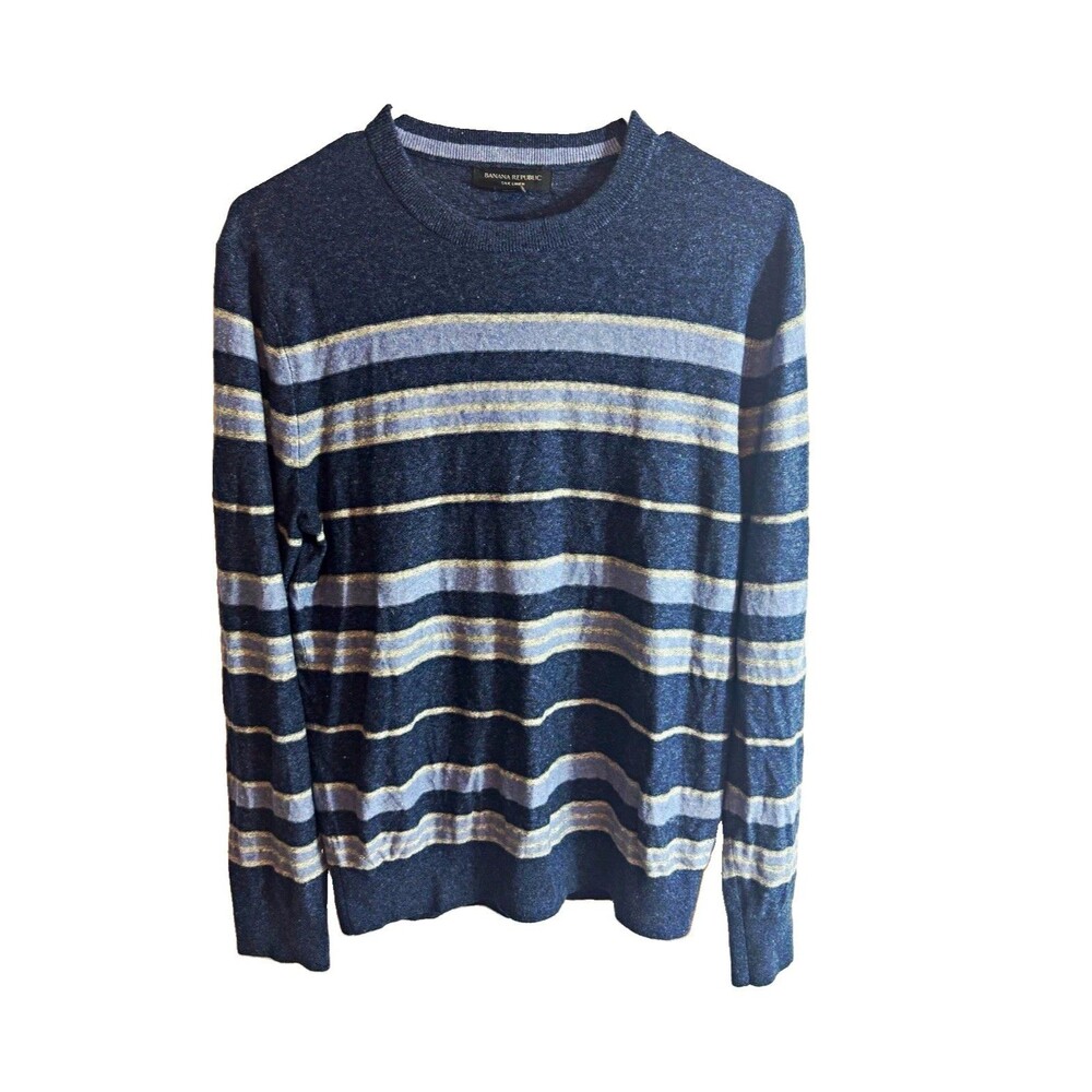Banana Republic Men's Blue/Gray Striped Silk Linen Knit Crewneck Sweater S